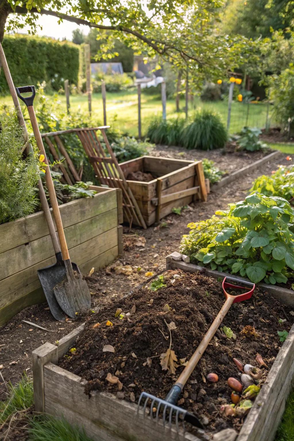 Eco-conscious methods like composting enhance garden health.