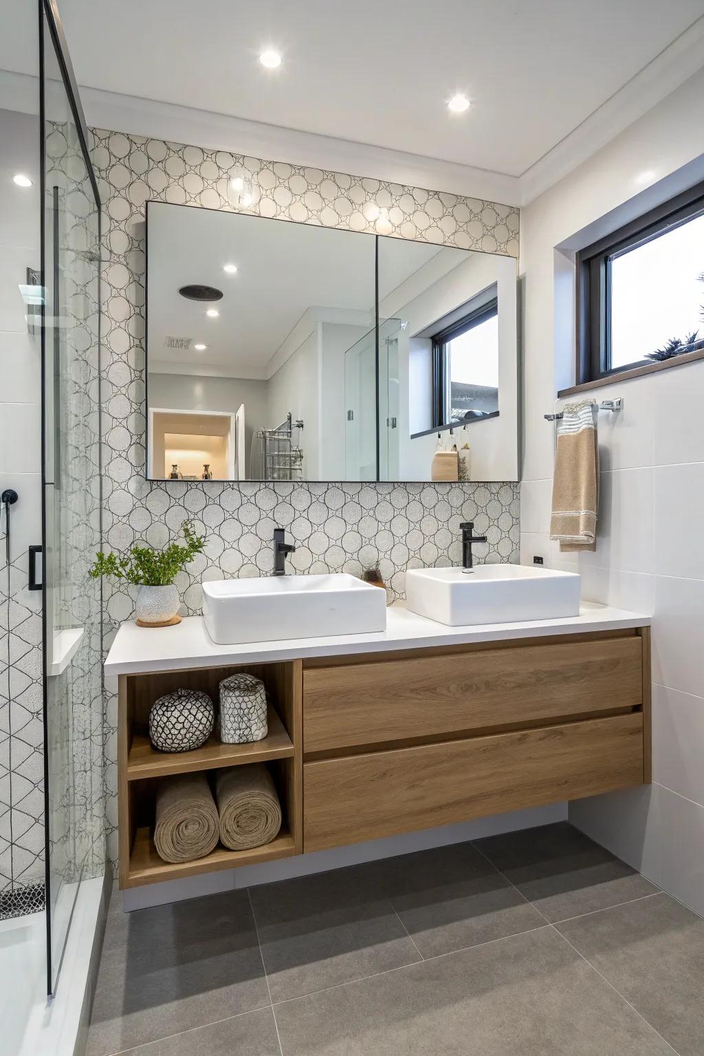 A floating vanity adds a sleek, modern look to this ensuite.