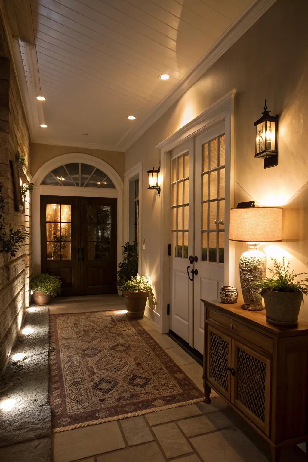 Ambient lighting in cabinets creates a warm and inviting entryway.