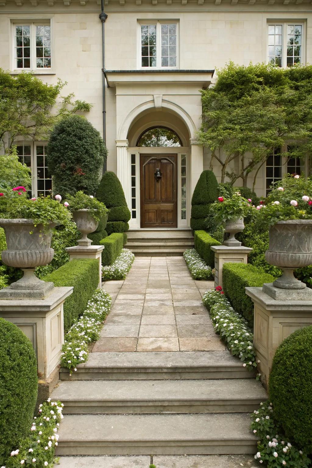 Symmetrical horticulture frames the entryway exquisitely.
