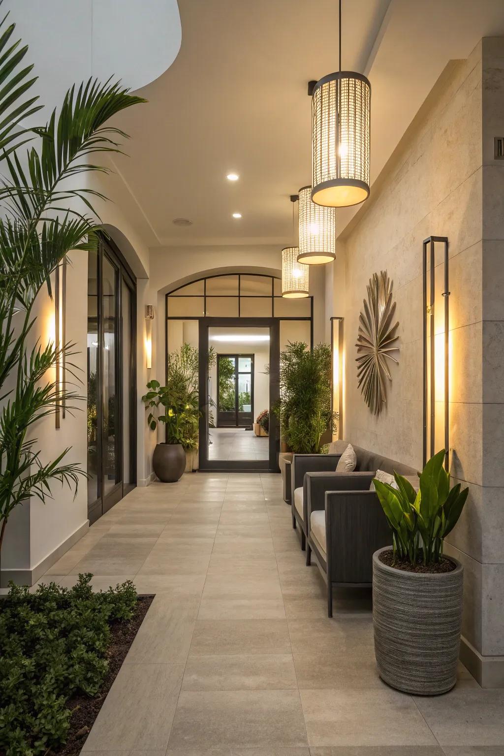Eco-conscious LED lighting fixtures deliver sustainable style within this entryway.