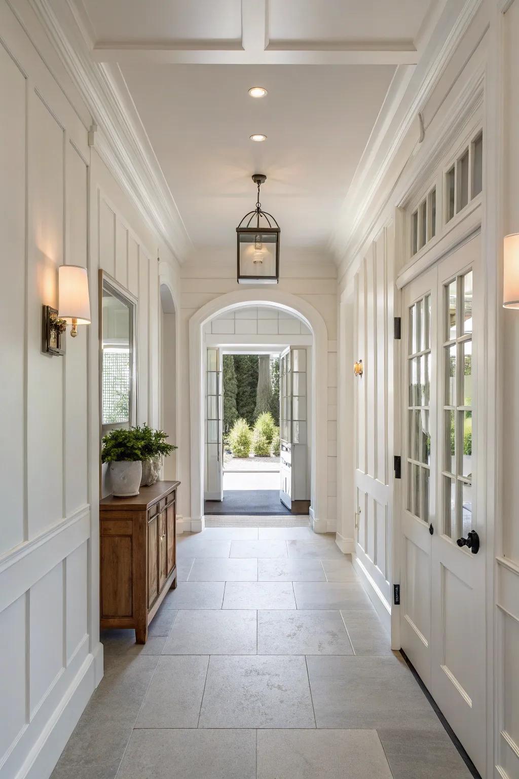Minimalist pale panels create a clean and serene entryway.