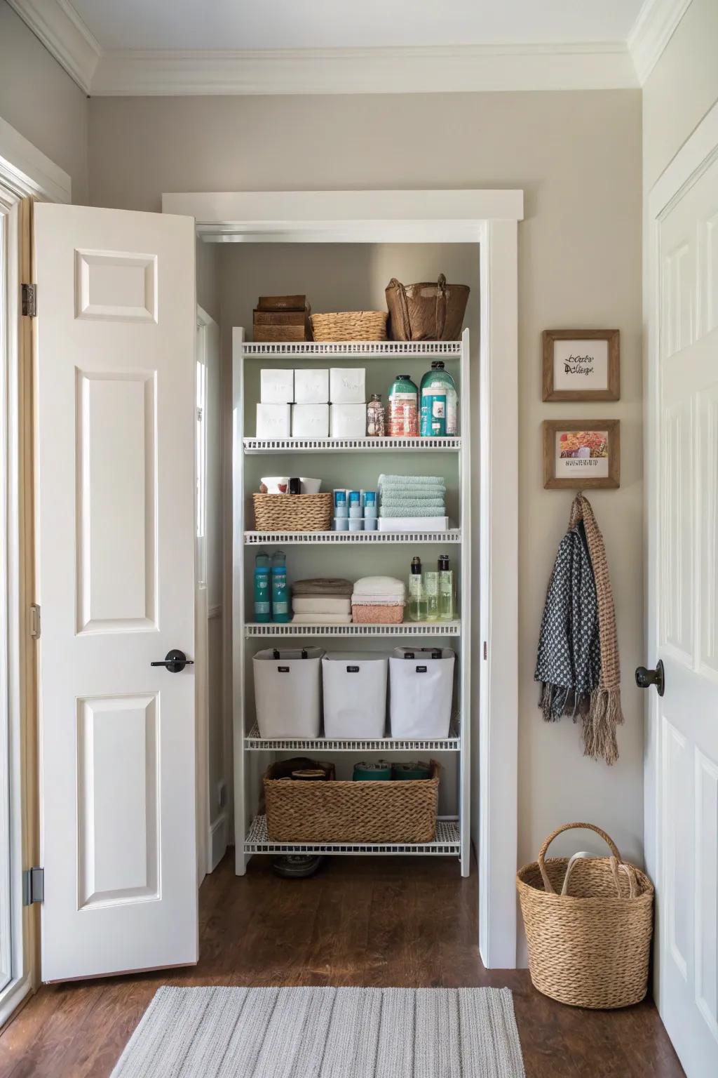 Over-the-door shelving furnishes supplementary storage remedies.