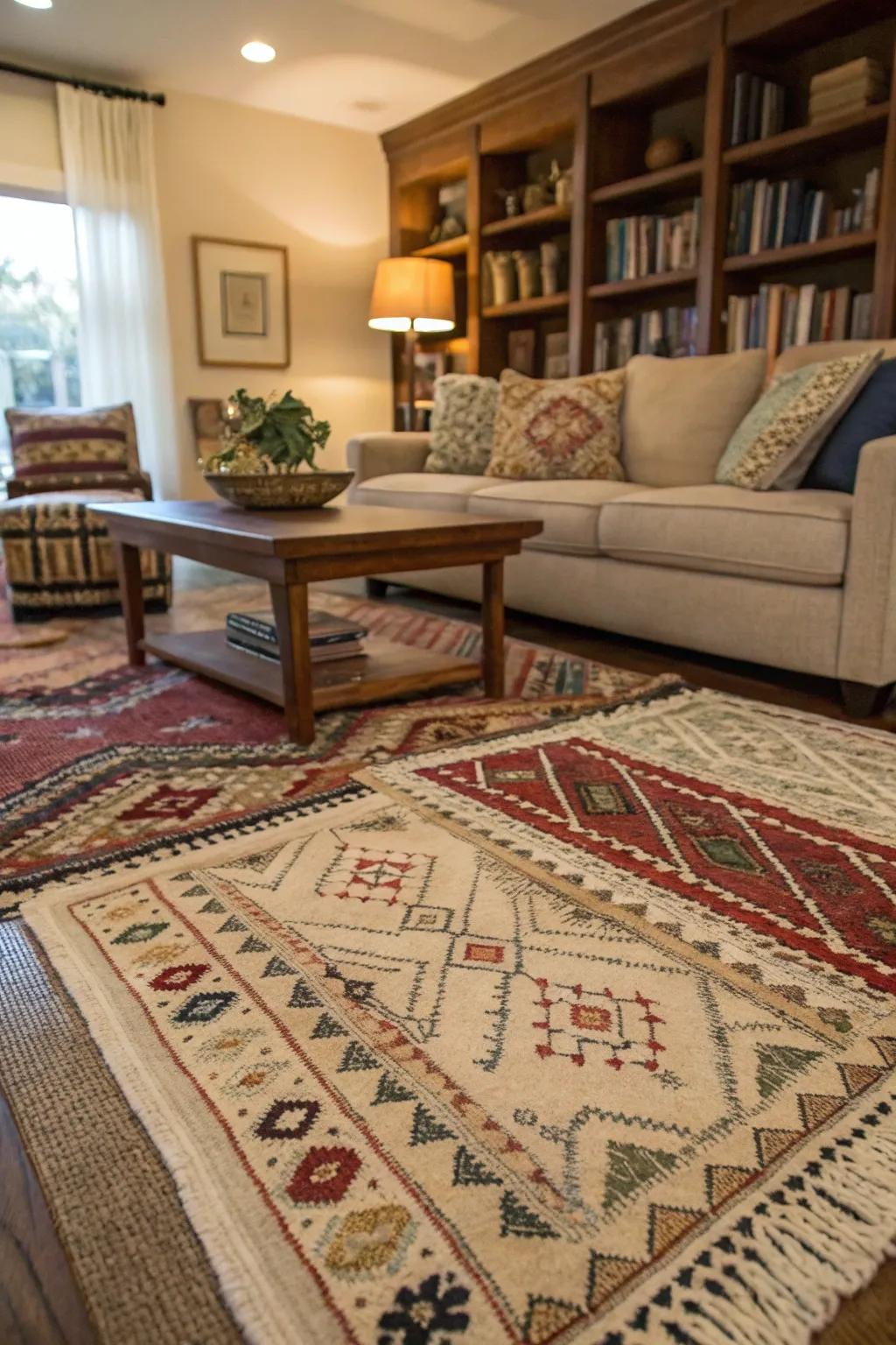 Layered floor coverings add depth and texture to this European-inspired living room.