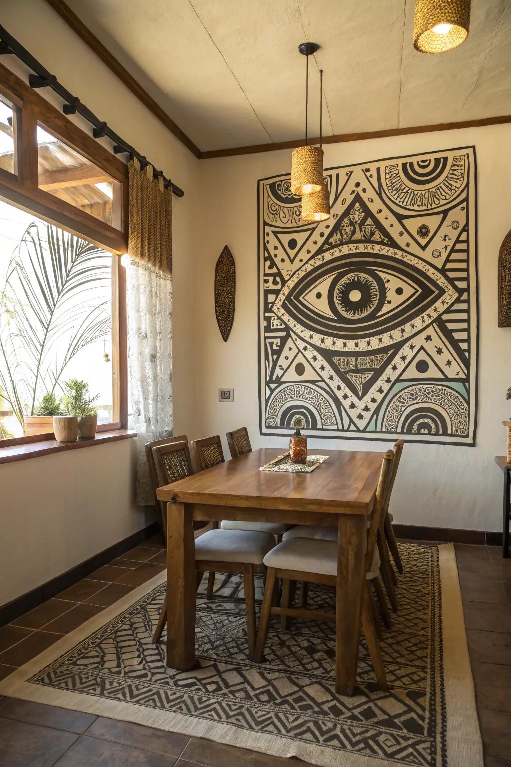 A tribal eye pattern painting contributing an exotic accent to the dining room.