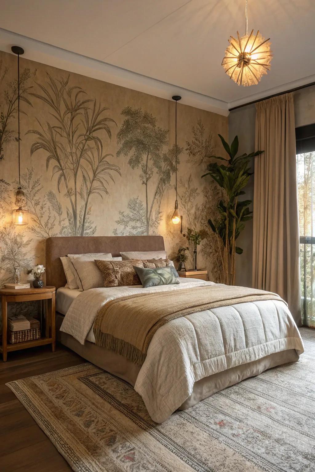 Fabric wallpaper showcasing inviting natural shades engenders an atmosphere reminiscent of a serene sanctuary.