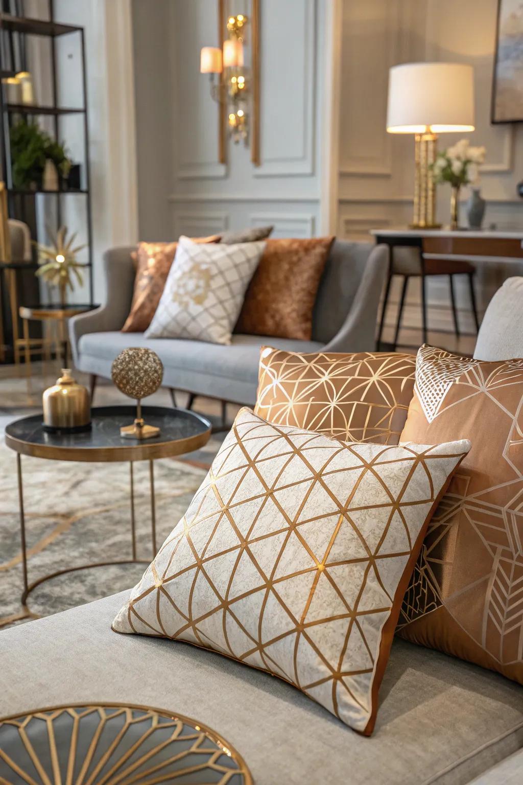 Geometric designs in metallic hues contribute a modern element.