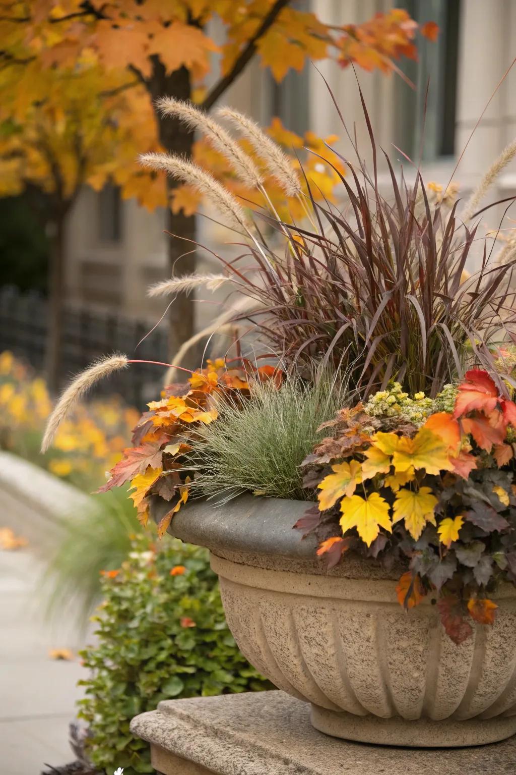 A textural fusion amplifies the visual and tactile allure of your autumnal planters.