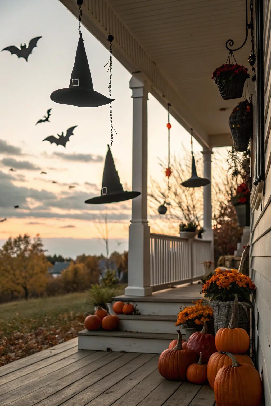 Subtle Halloween insinuations introduce lighthearted touches to the fall porch décor.