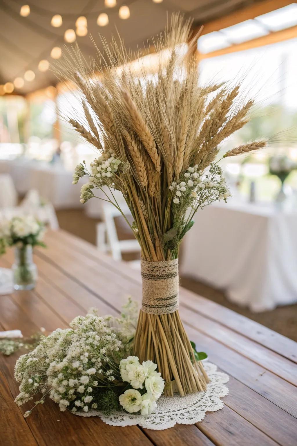 Bundled grain adds countryside creativity to this charming fall marriage centerpiece.