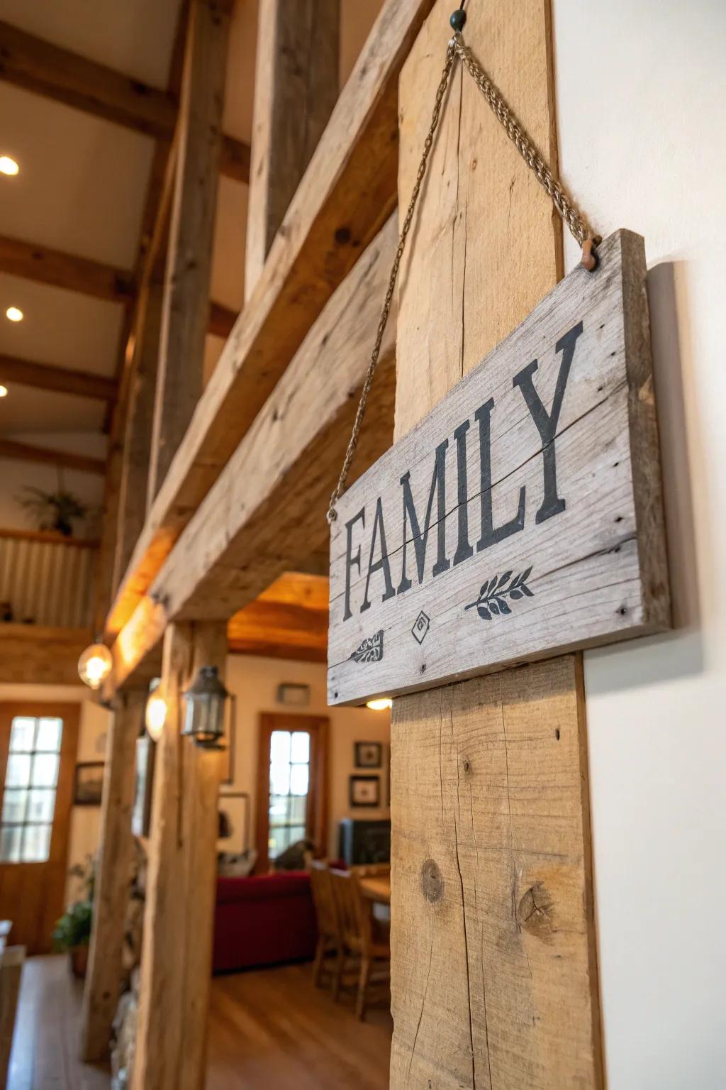 A reclaimed timber surname display bringing country charm to a dwelling.