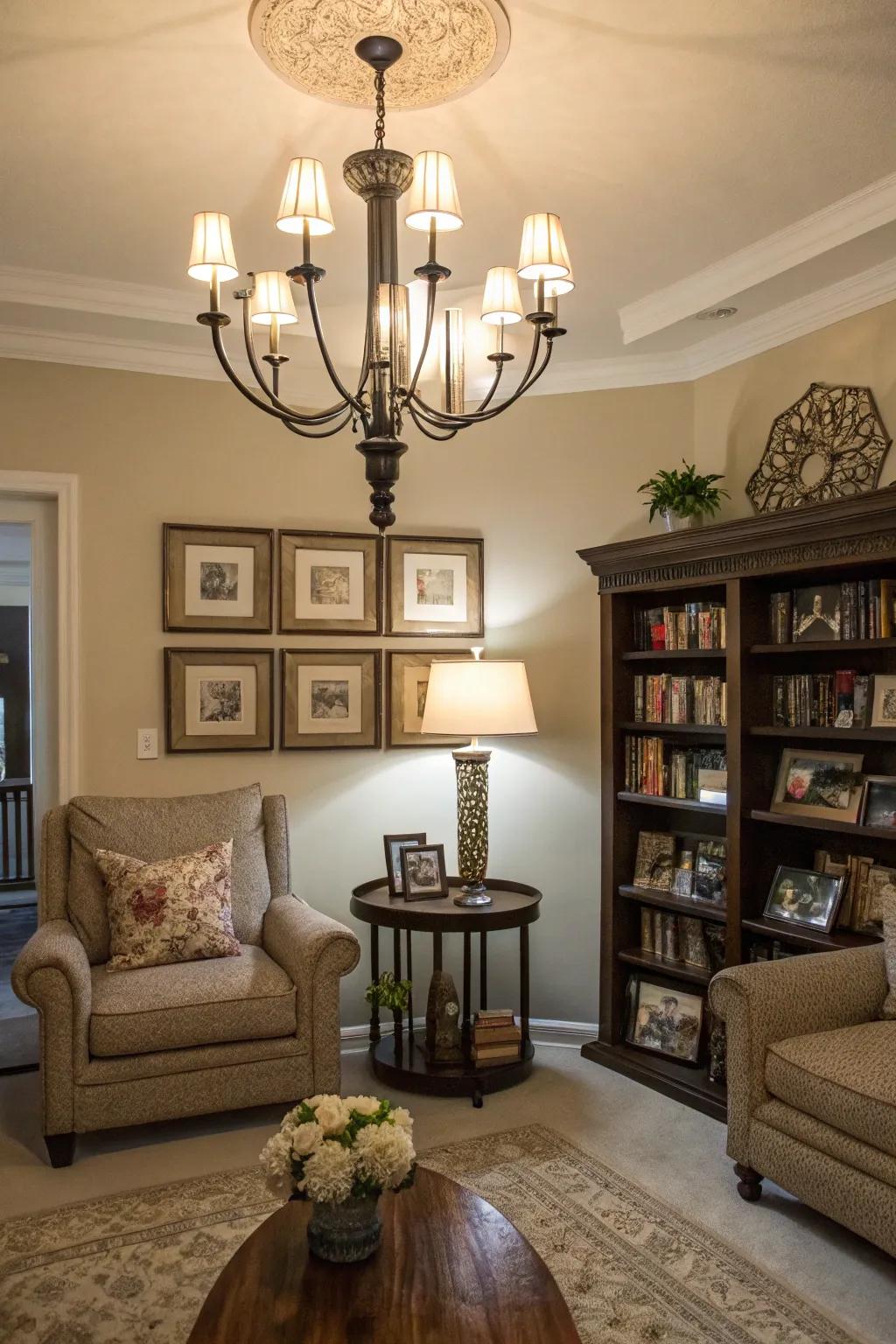 A family room beautifully lit with layered illumination sources.