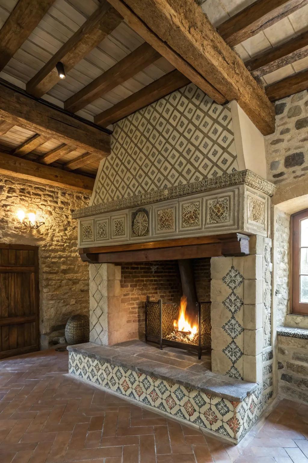 Sculpted tiles enhancing dimensionality to a farmhouse fireplace.