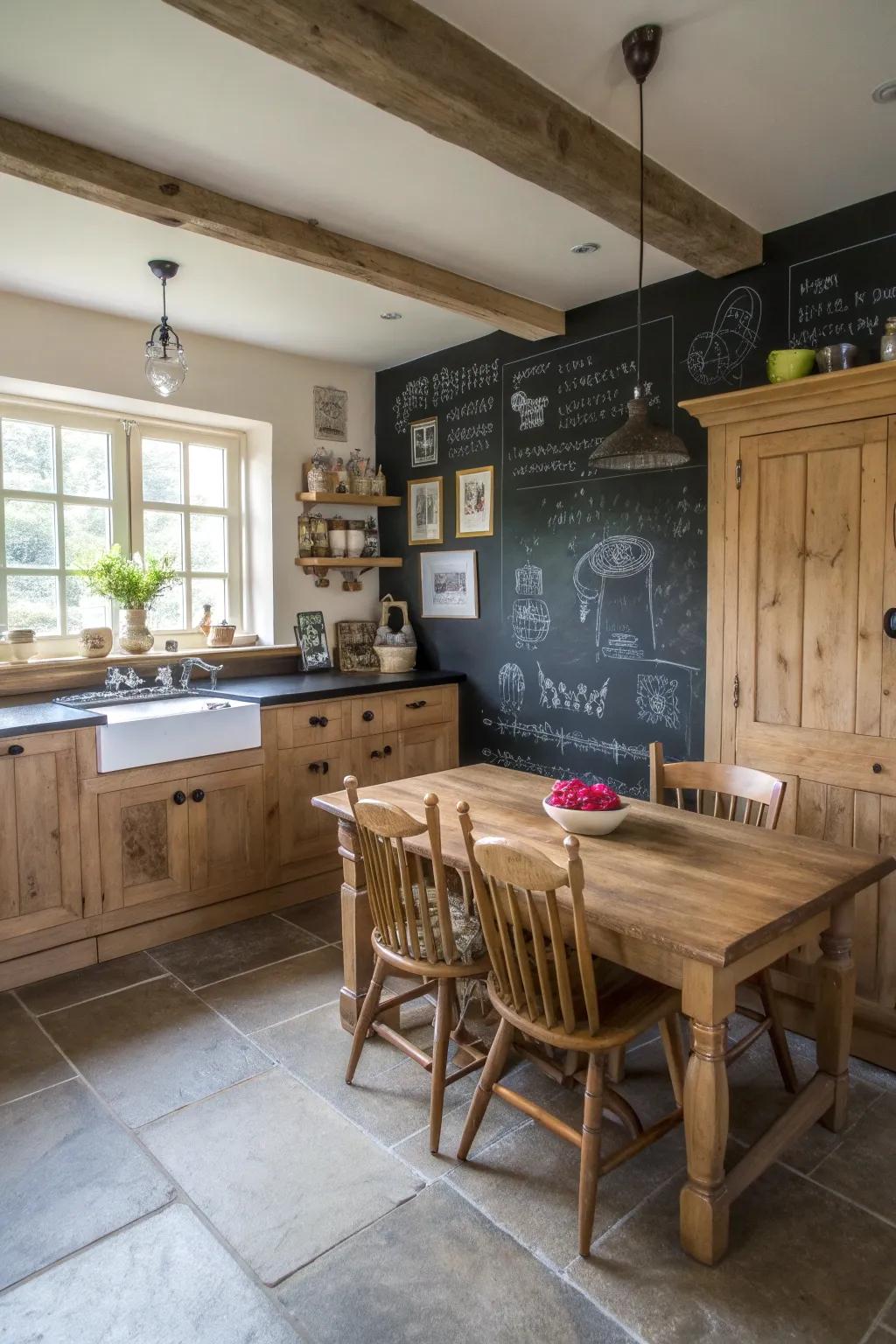 A country-style kitchen featuring a functional chalkboard paint backsplash.