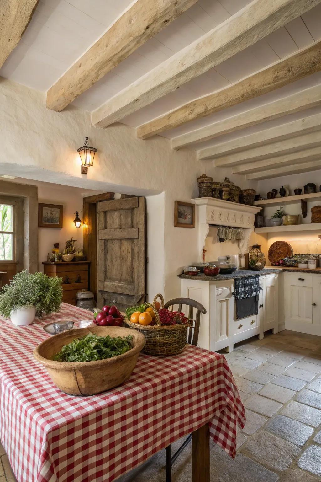 Extend the farmhouse enchantment through chalk-painted overhead struts.