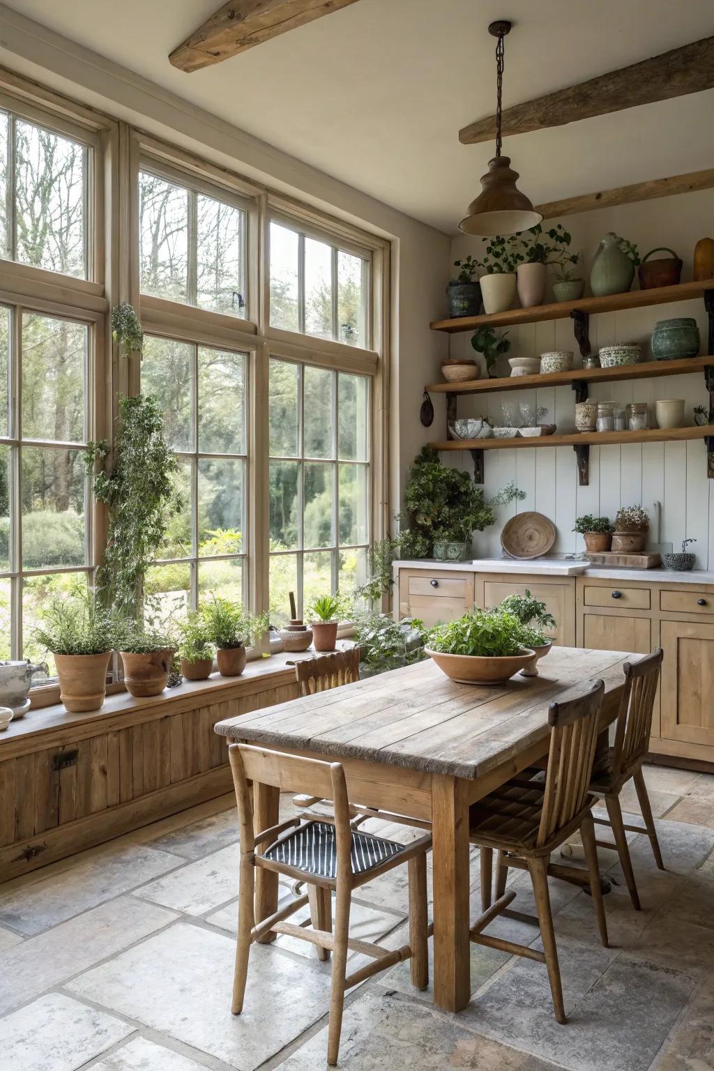 A farmhouse kitchen bathed in sunshine exposure streaming through expansive panes.