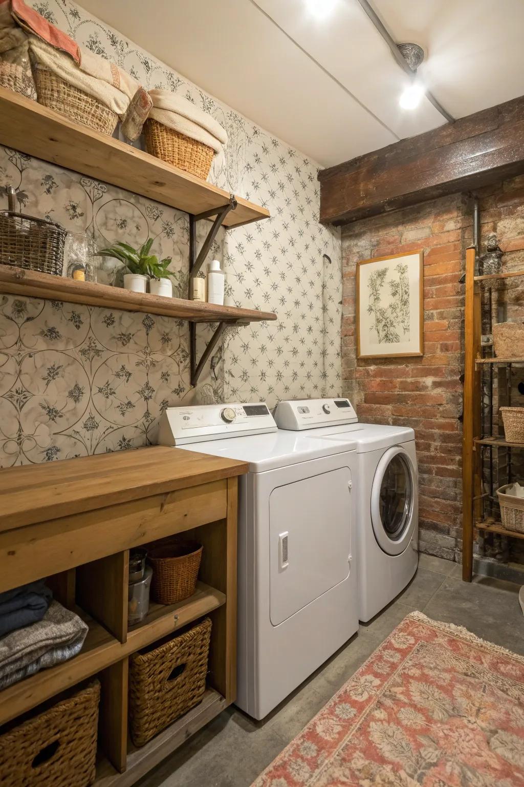 Removable wallpaper offers a quick and easy way to personalize this farmhouse laundry area.
