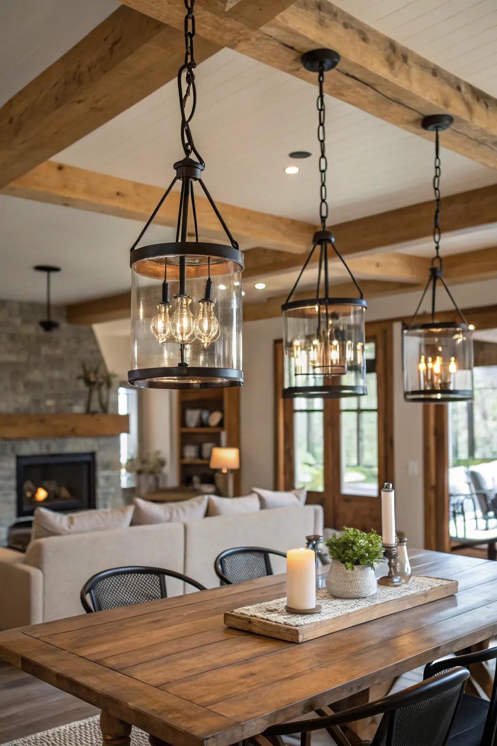 Glass and metal mixes enhance modern farmhouse style.