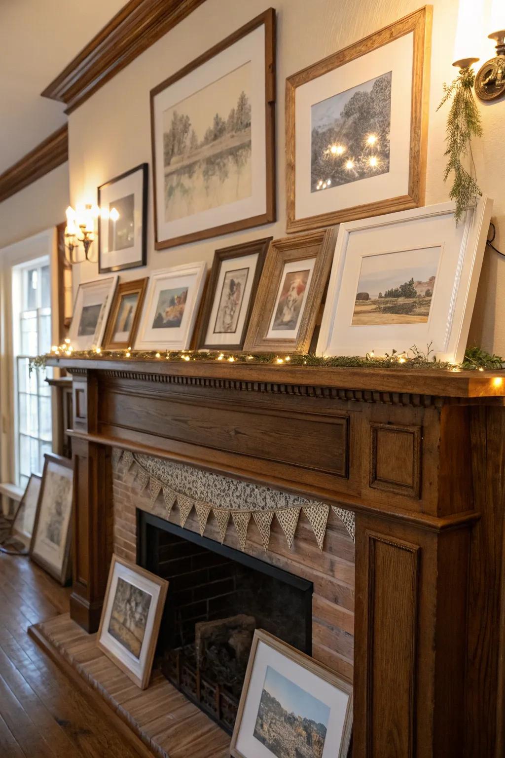 Layered encased art introduces visual interest and creates a gallery feel across the mantel.