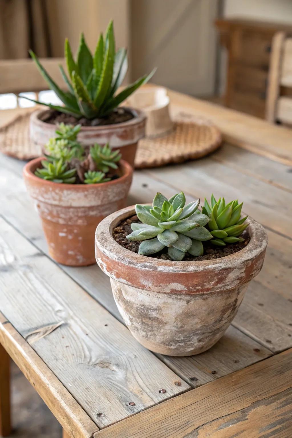 Rustic clay pots filled with succulents infuse appeal and color effortlessly.