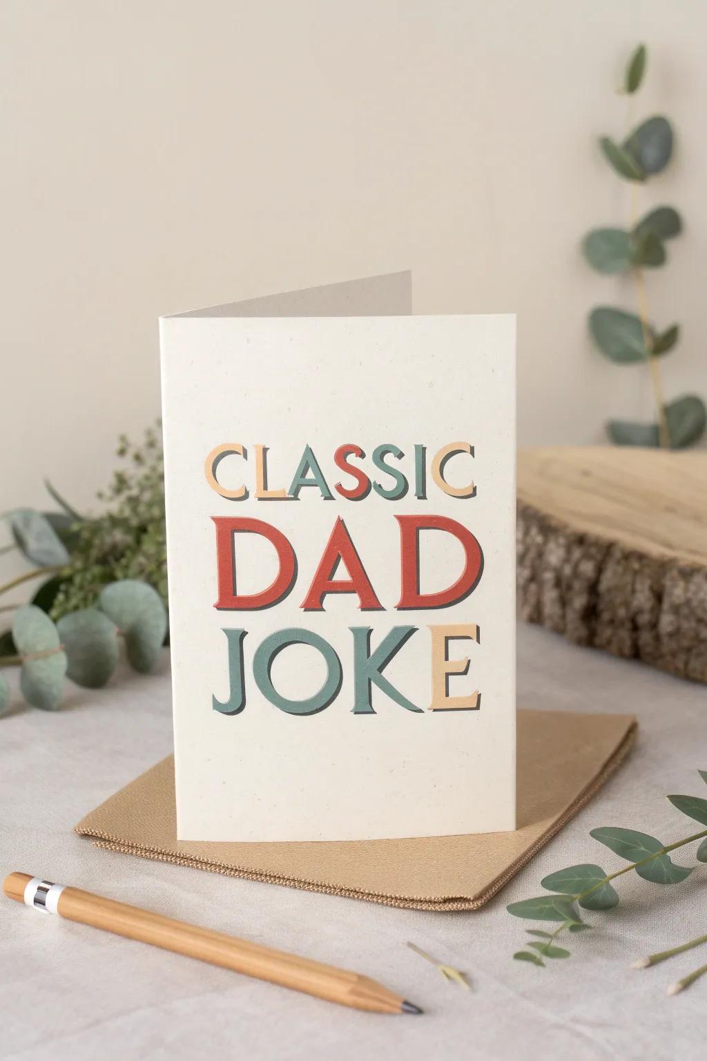 <strong><em>Celebrate Father’s Day with an element of levity and panache. This minimalist dad joke card invariably elicits a smile!</em></strong>” loading=”lazy” class=”pimg”>
	</picture><figcaption><strong><em>Celebrate Father’s Day with an element of levity and panache. This minimalist dad joke card invariably elicits a smile!</em></strong></figcaption></figure>
<p>Showcase a quintessential dad joke on the card’s facade accompanied by the punchline internally. This playful concept represents a surefire avenue to elicit laughter, and, frankly, we all covertly appreciate dad jokes.</p>
<h3>These products might be useful:</h3>
<ul class=
