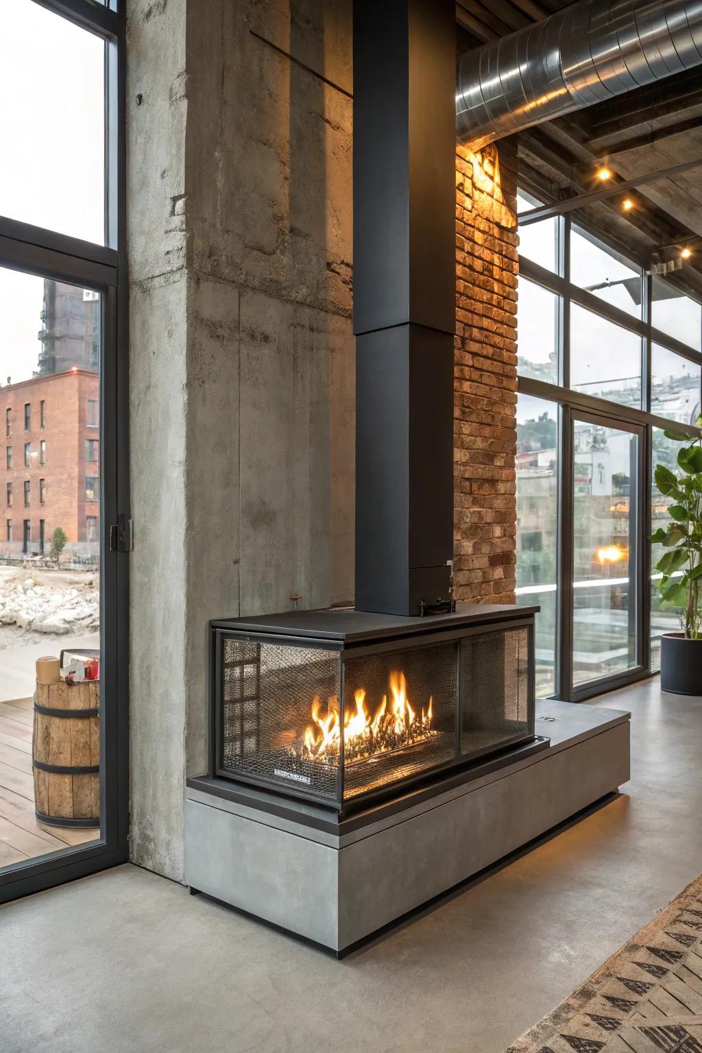 Embrace a metropolitan vibe by using an industrial chic fireplace design.