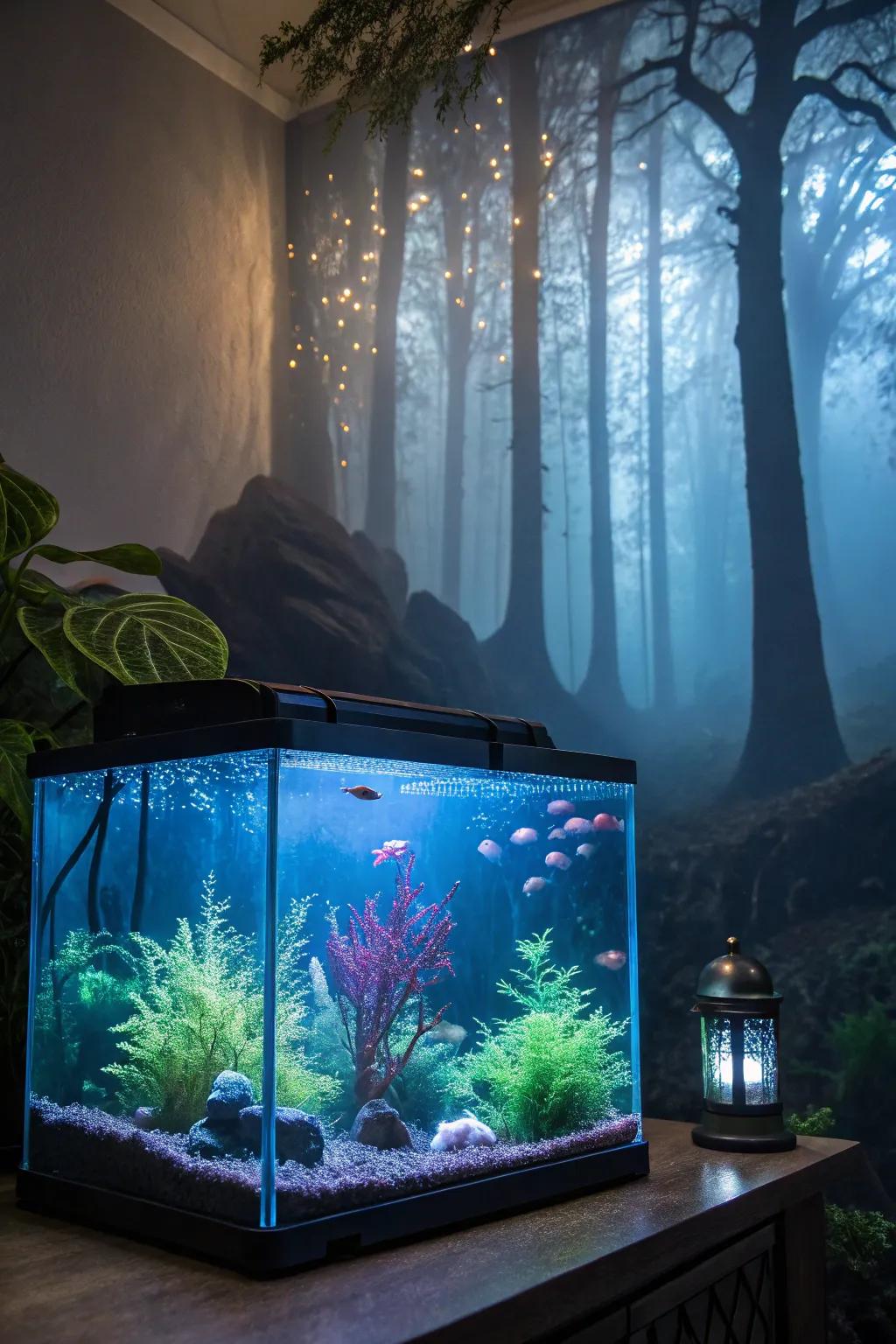 A theatrical themed aquarium that conveys a narrative