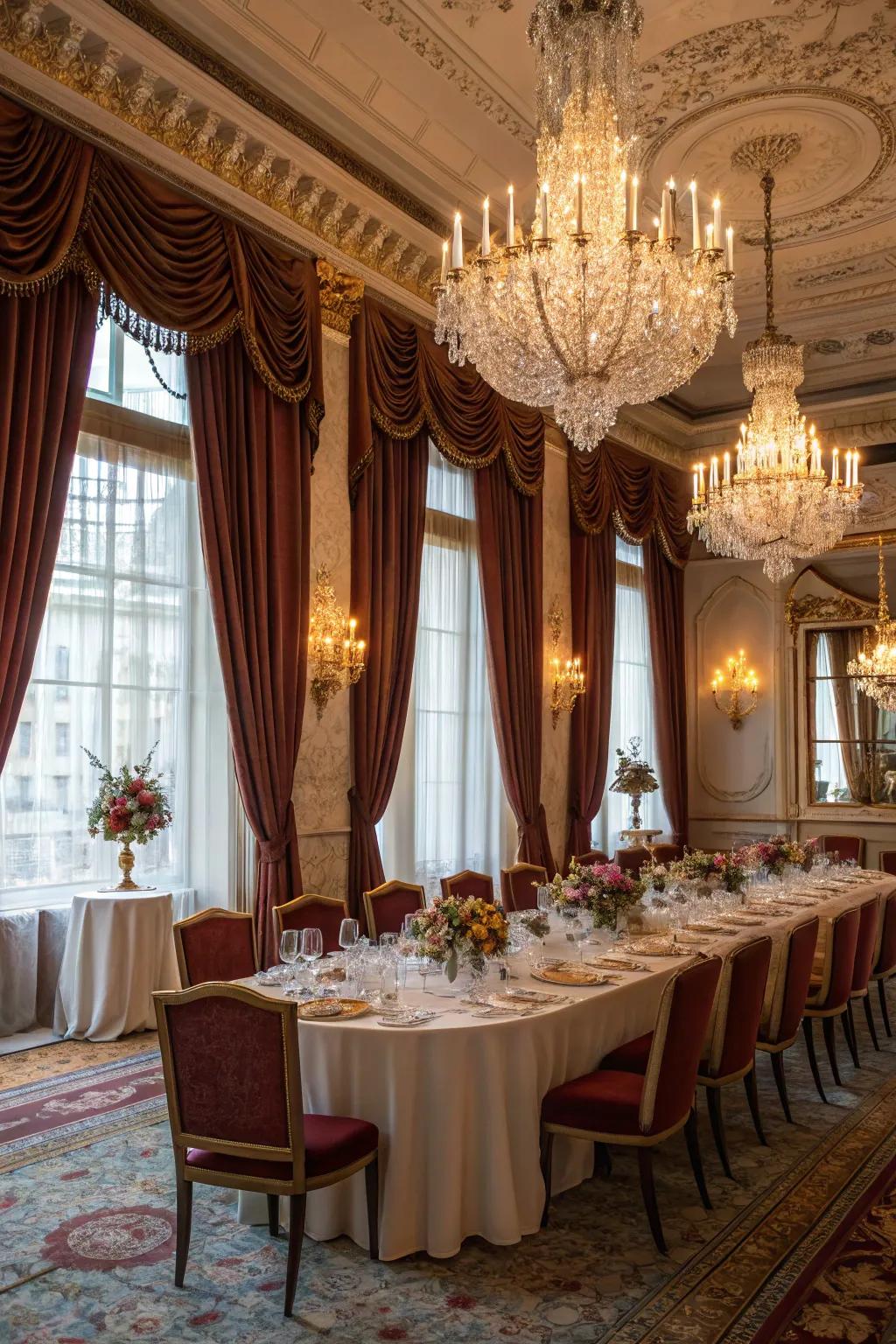 Silk fabrics enhance the luxurious feel of this dining area.