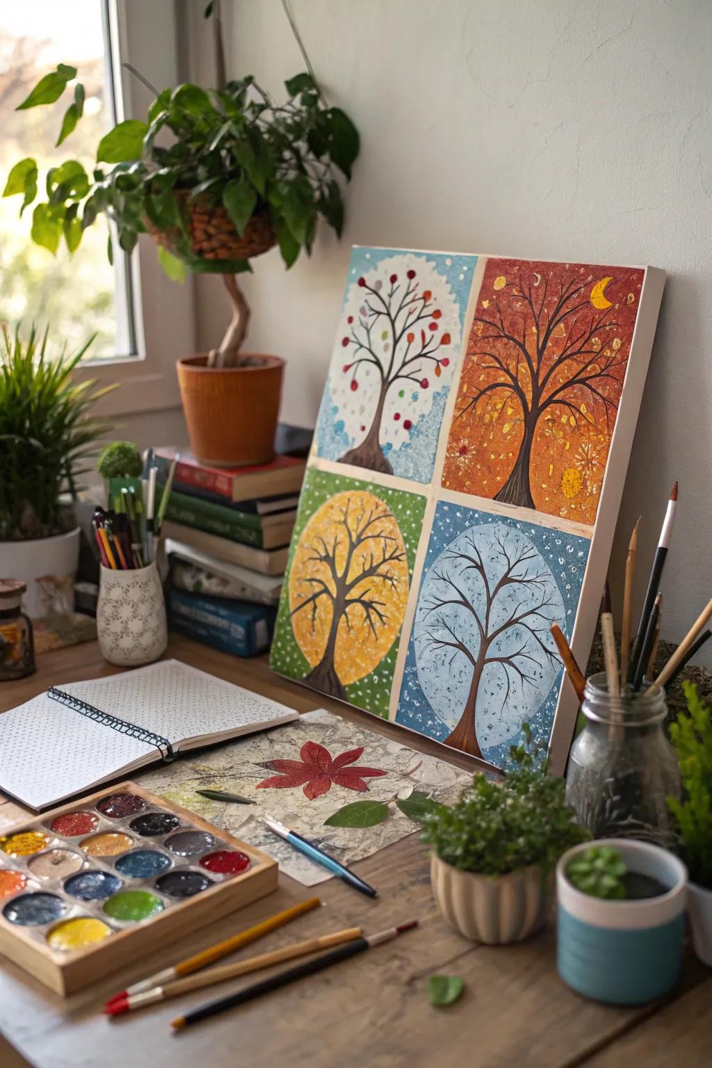 A mosaic-style painting innovatively representing the four seasons.