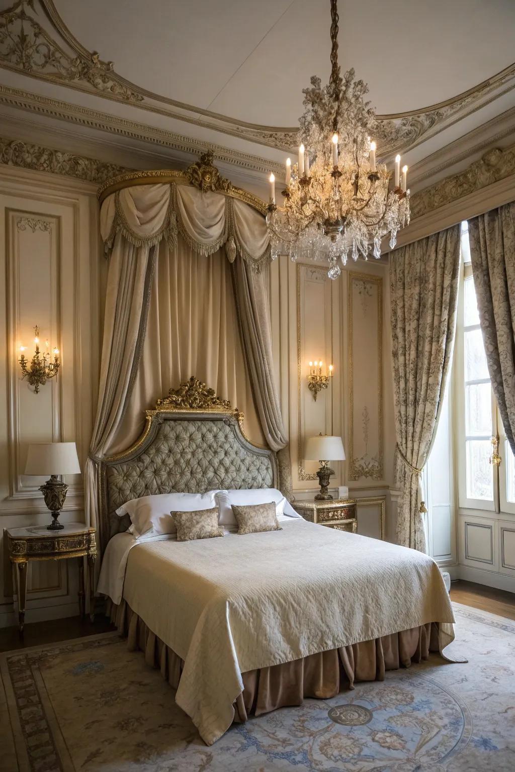 A decorative headboard acts as a core element in the French bedroom.