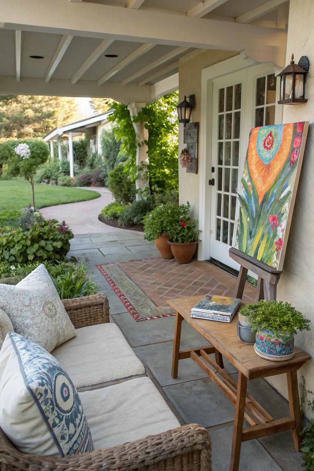 Outdoor art adds a personal and creative flair to porch settings.