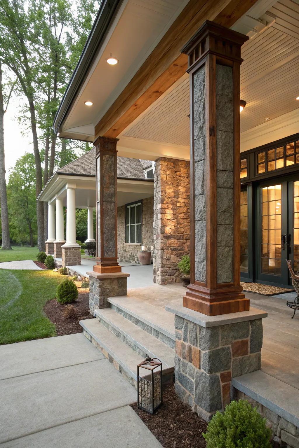 Blended materials on columns establish an eclectic and personalized porch blueprint.