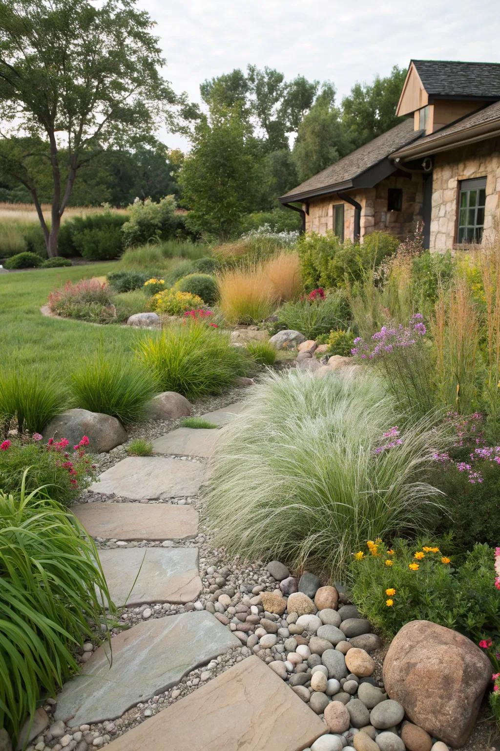 A corner lot garden highlights a fusion of textures for heightened visual interest.