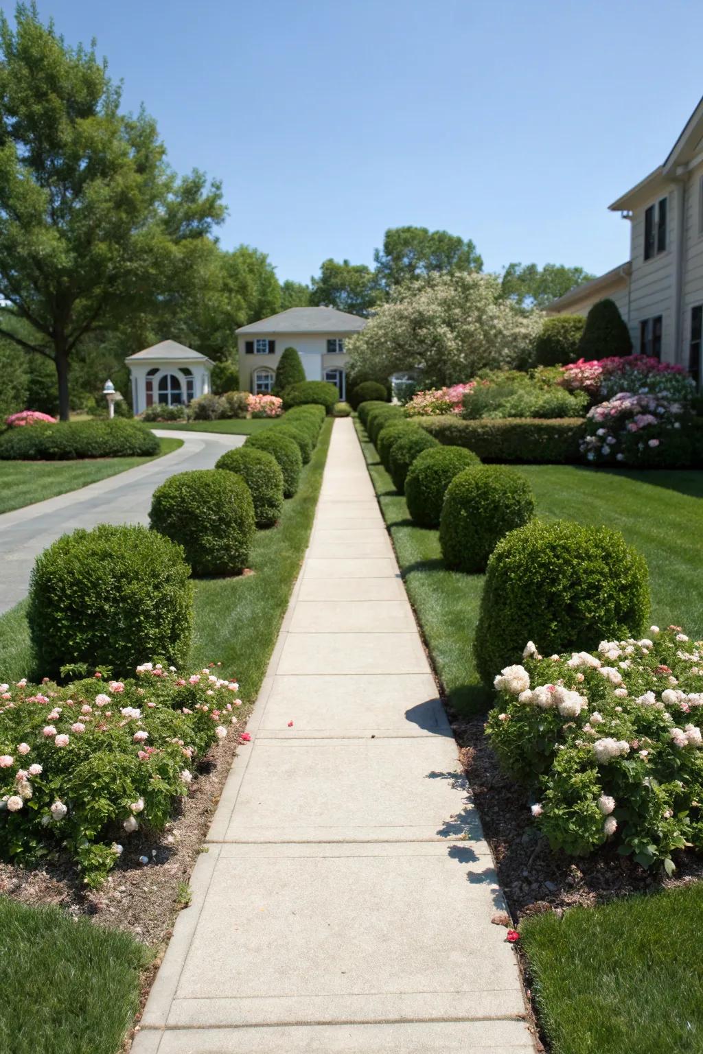 Symmetrical plantings add formality and elegance to a front garden.