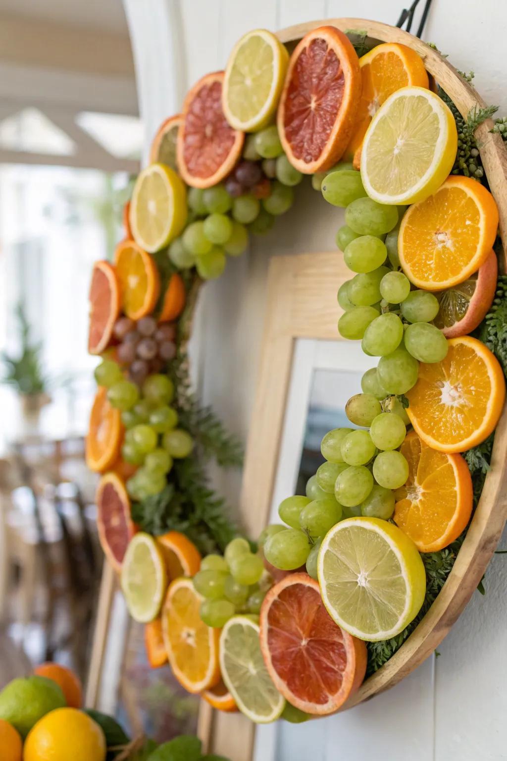 An imaginative fruit wreath that enlivens any ingress.