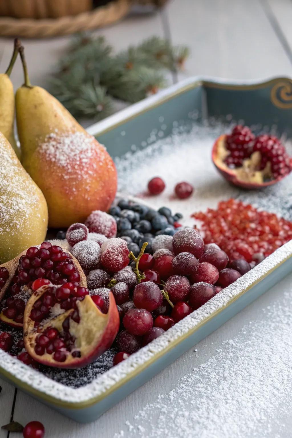 A winter theme fruit presentation featuring a snowy accent.