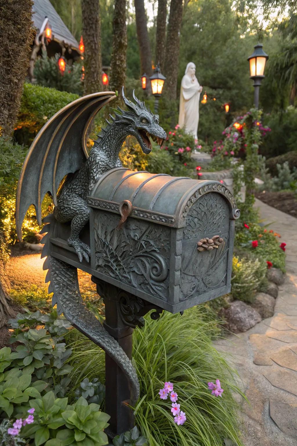 A scaled beast mailbox that guards your mail with mythical might.