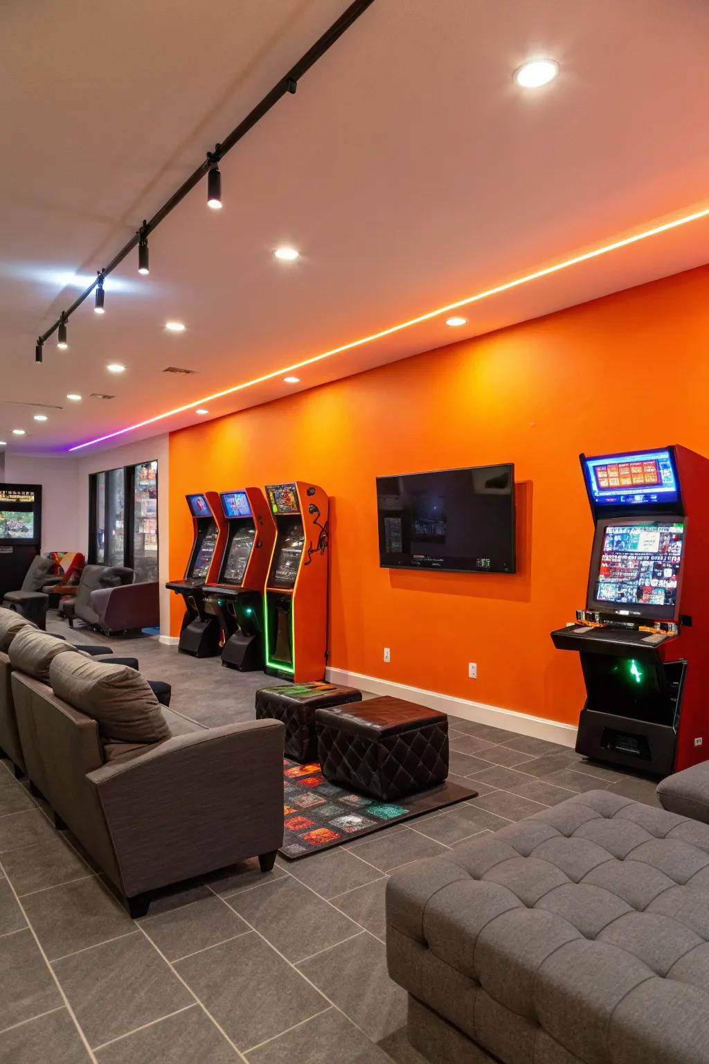 Electric orange feature wall invigorates and energizes the game room.