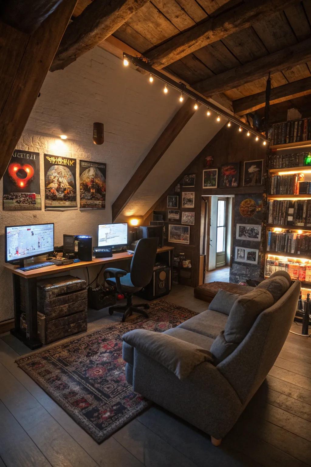 Discover your gaming escape within a converted attic space.