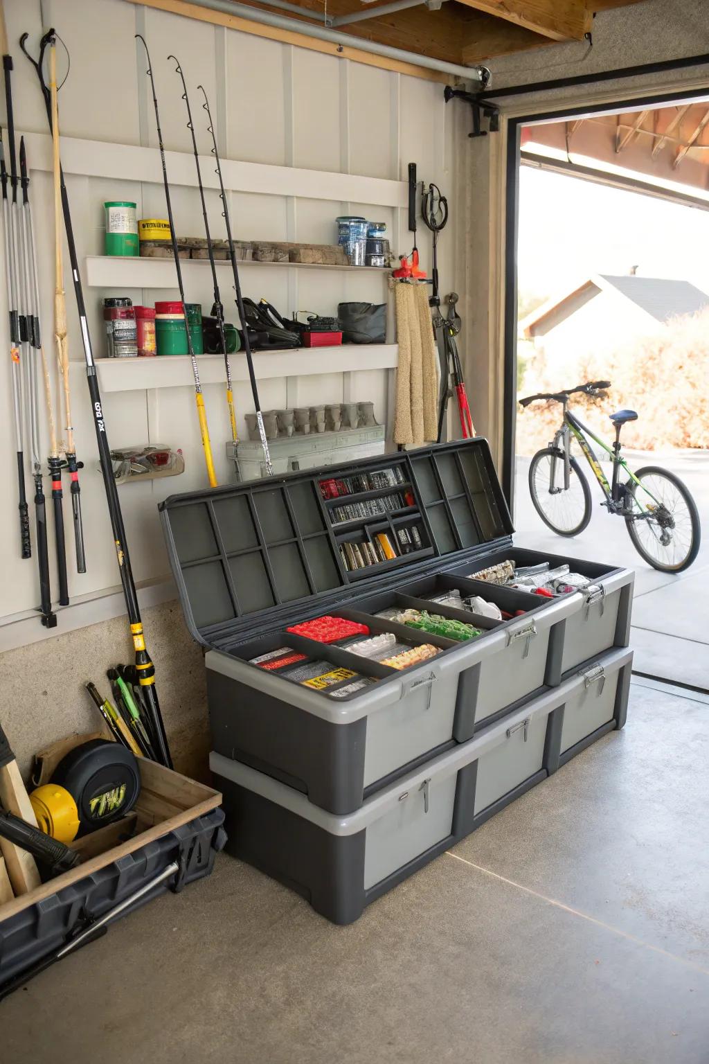 A storage seat combines seating with concealed storage for a dual-purpose garage solution.