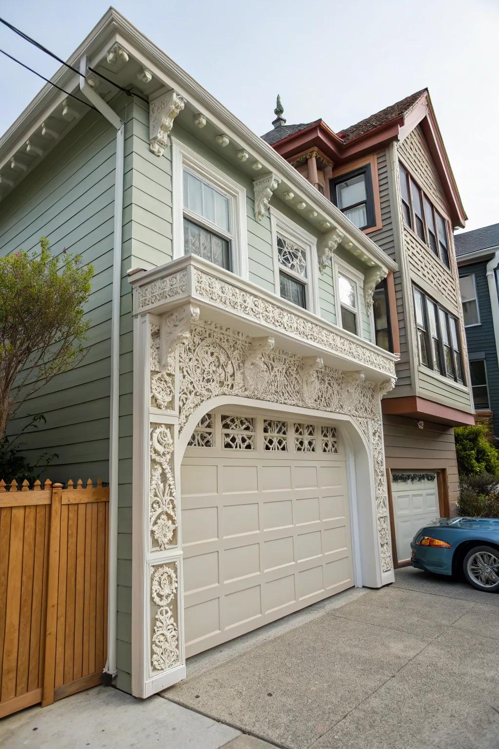 Artistic contours imbuing character to garage trim.