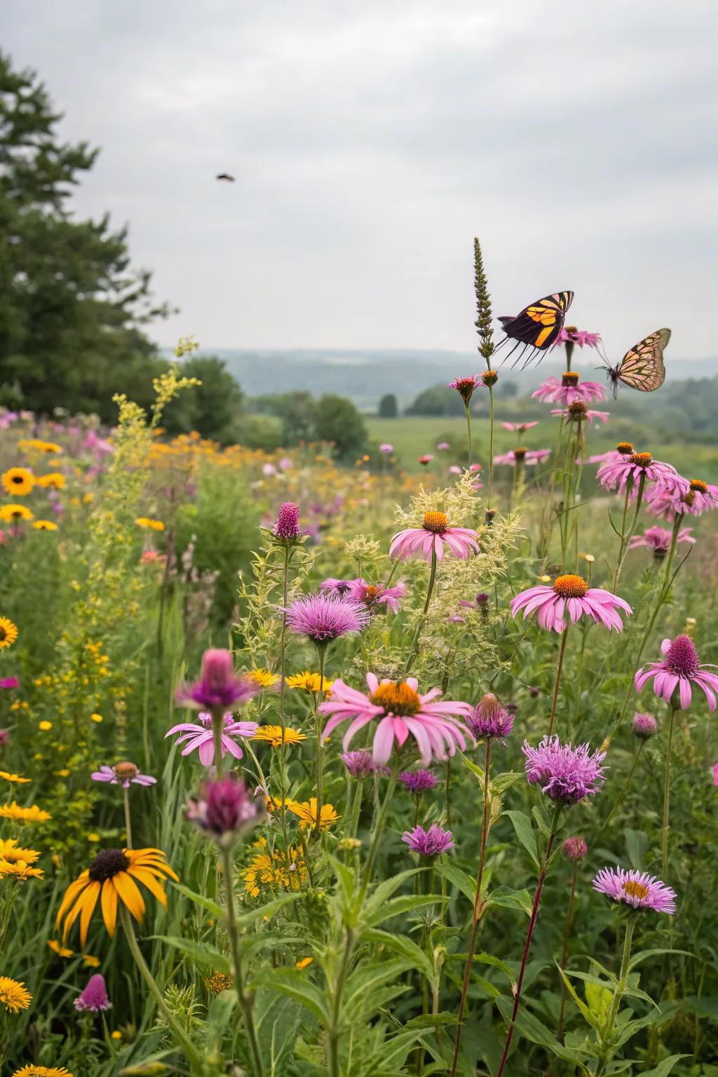 A vibrant wildflower prairie that invites pollinators into the garden.