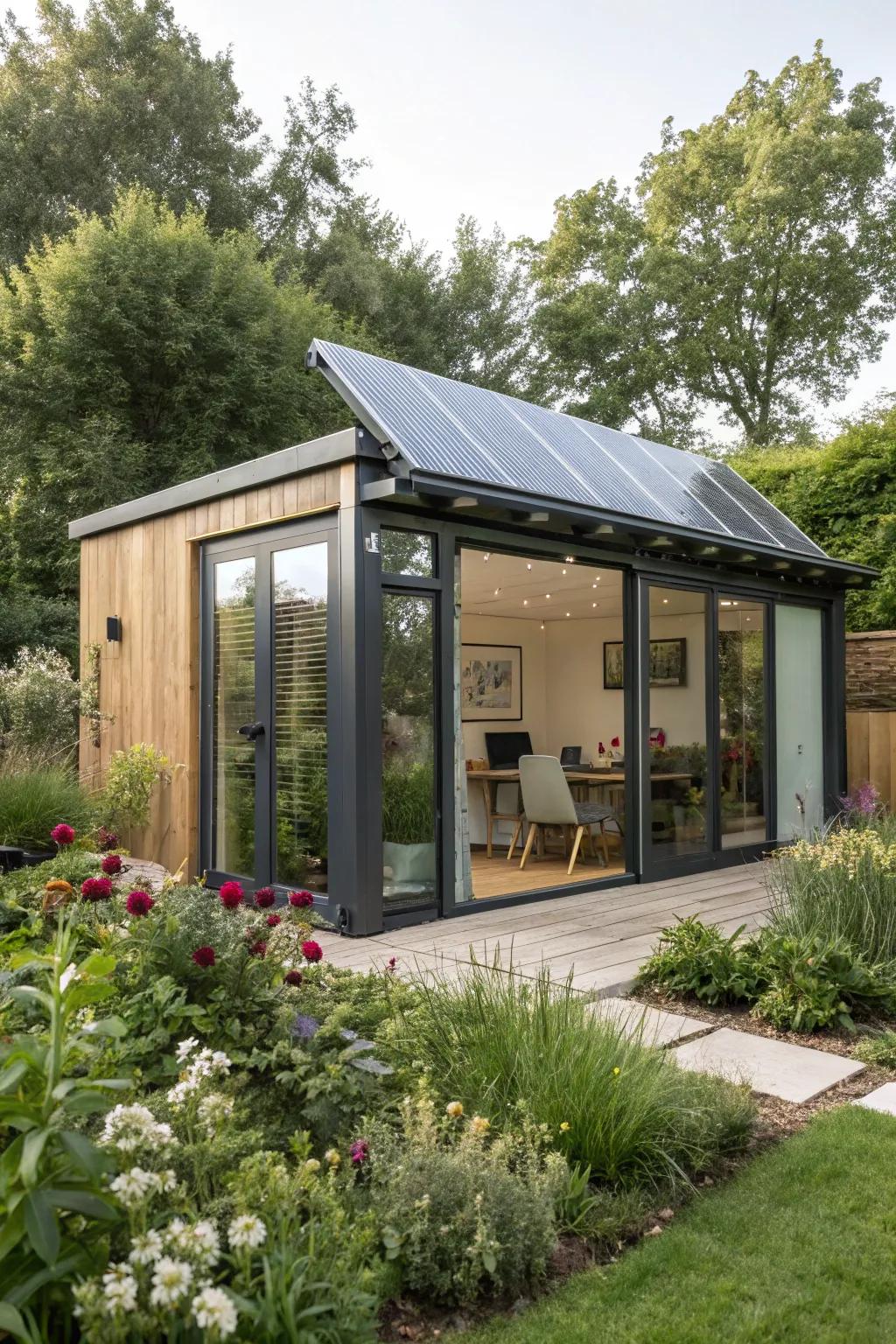 An eco-friendly sun-powered garden office, embracing sustainable energy solutions.