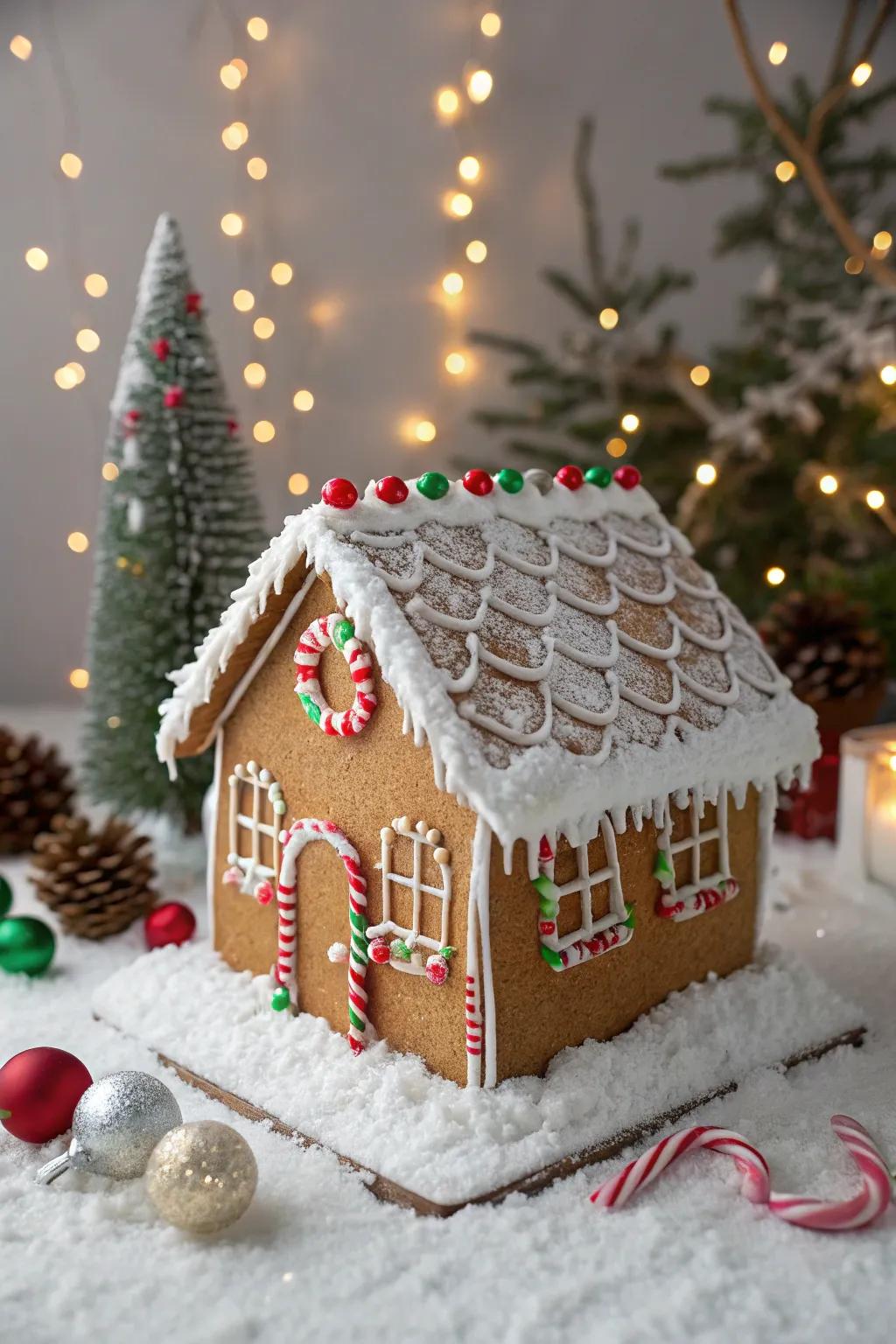 A glimmering gingerbread roof with edible sparkle.
