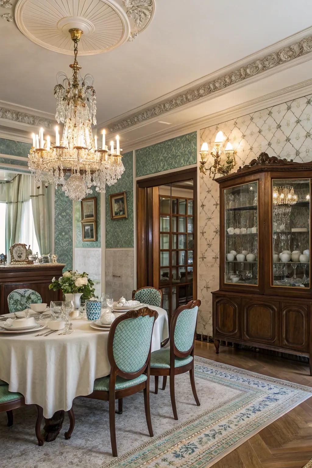 Glass tiles paired with vintage ornamentation proffer a charming juxtaposition.