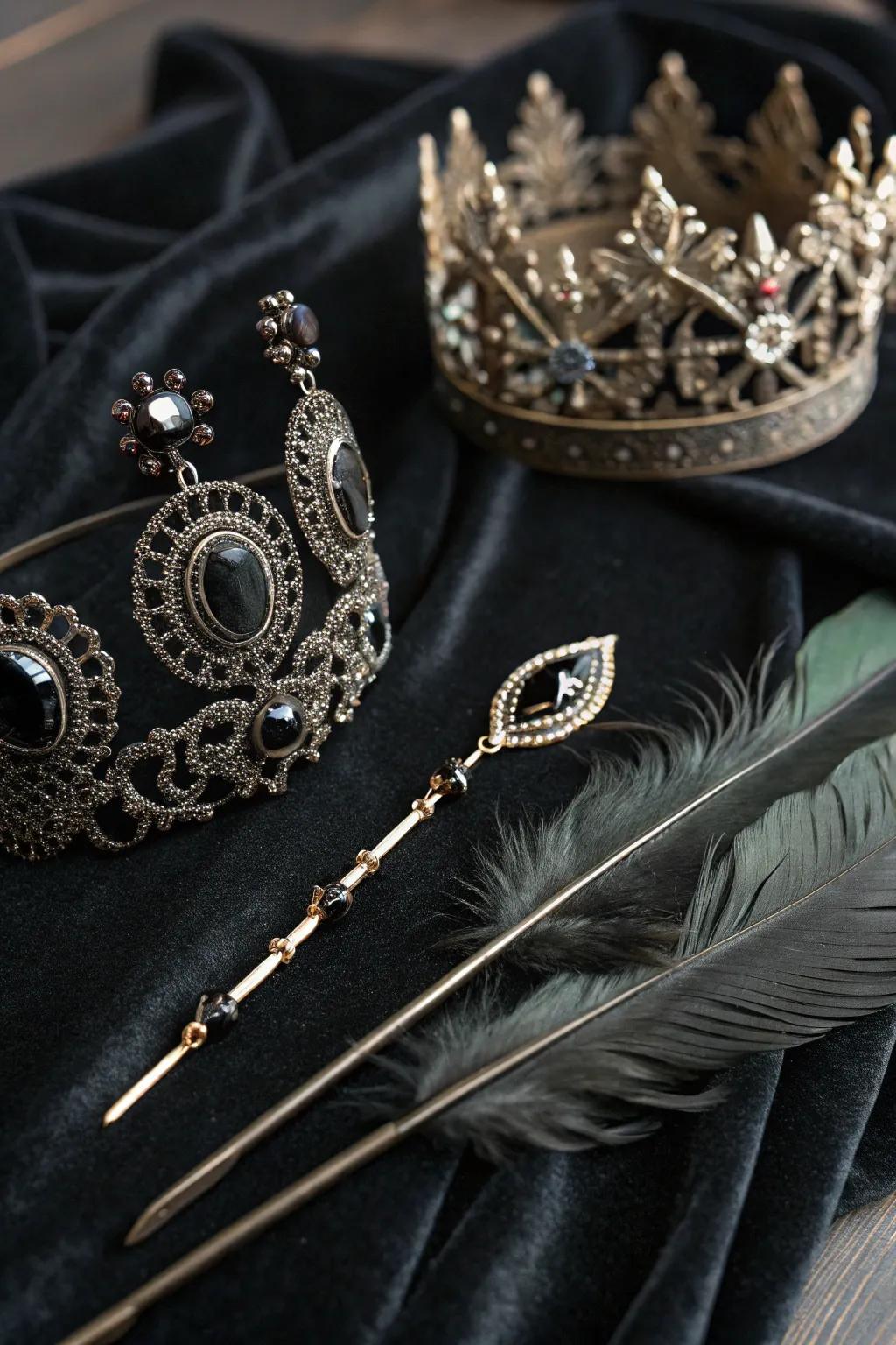 Gothic hair accessories displaying elaborate fasteners and a corona.