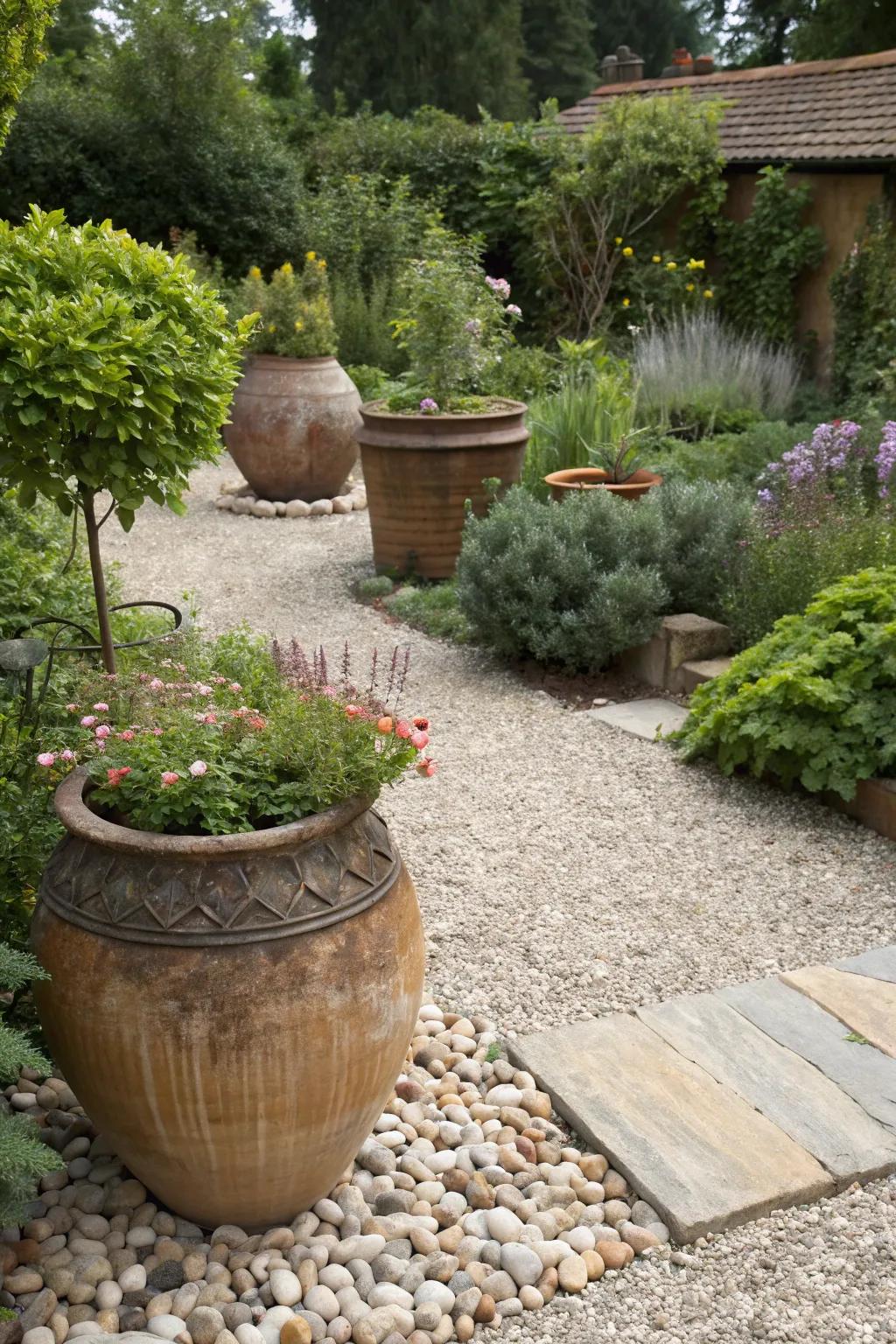 Prominent planters act as captivating key attractions, enriching the garden's design.