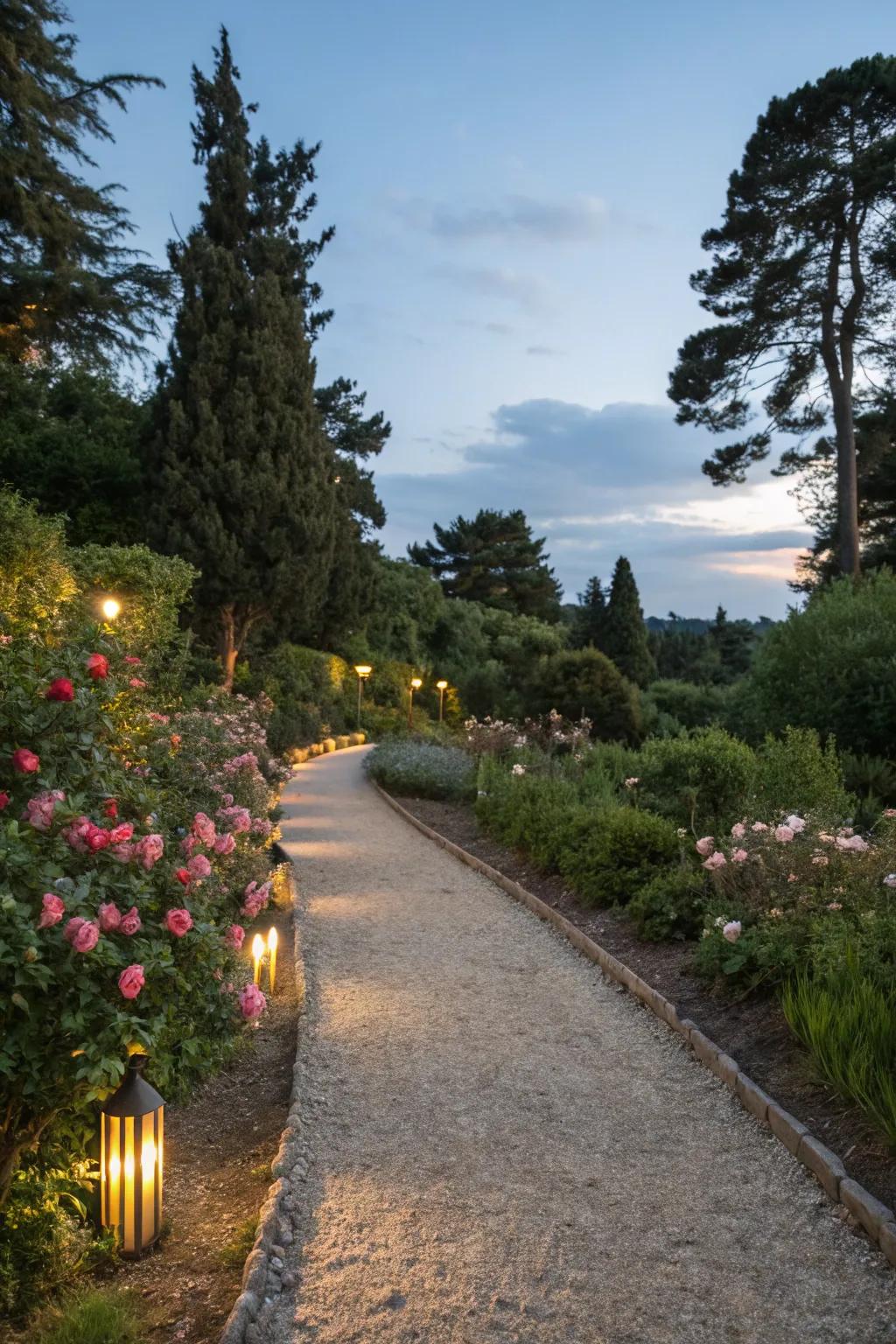 A gravel walkway aglow with subtle illumination