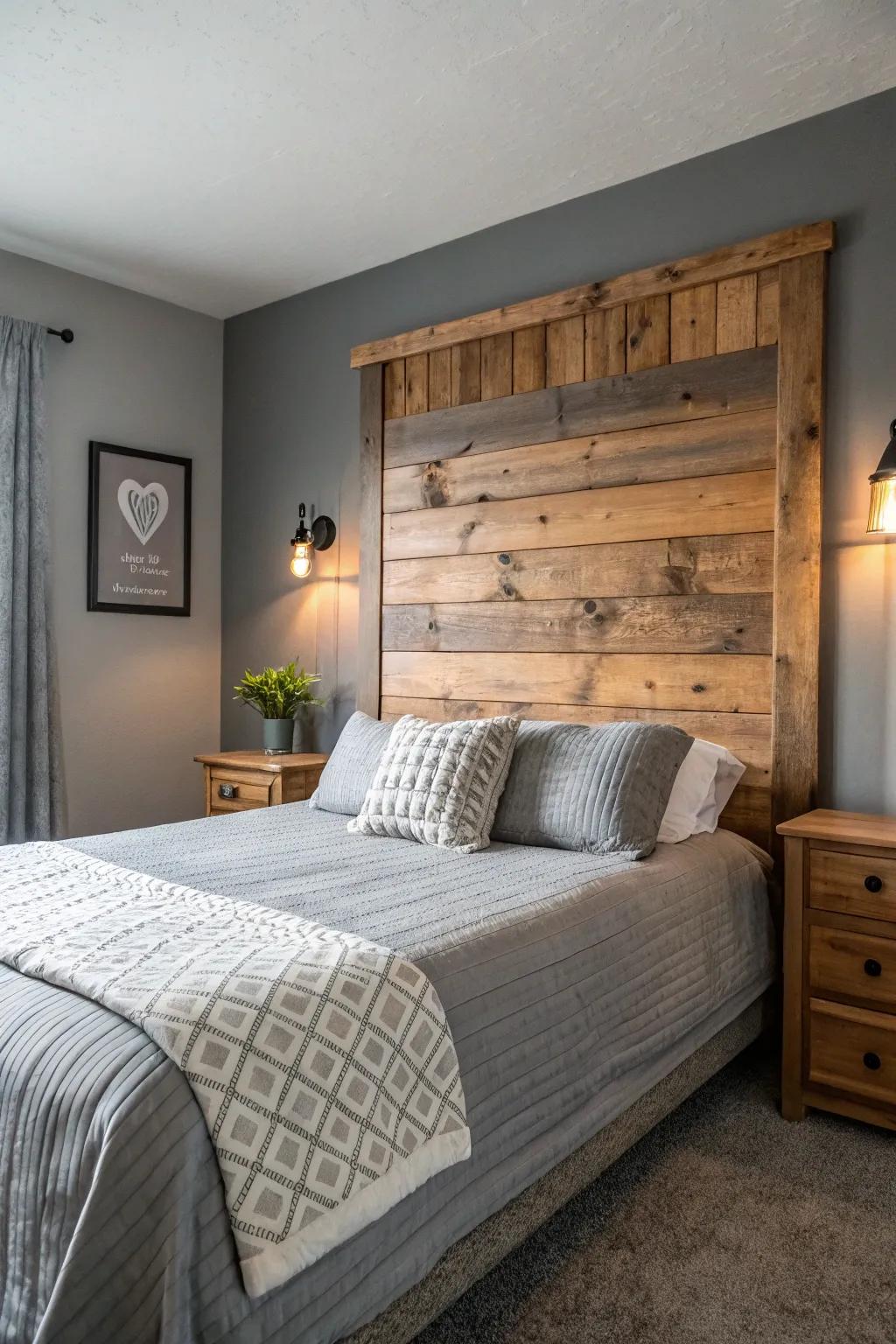 A pleasant gray bedroom using charming countryside textures.