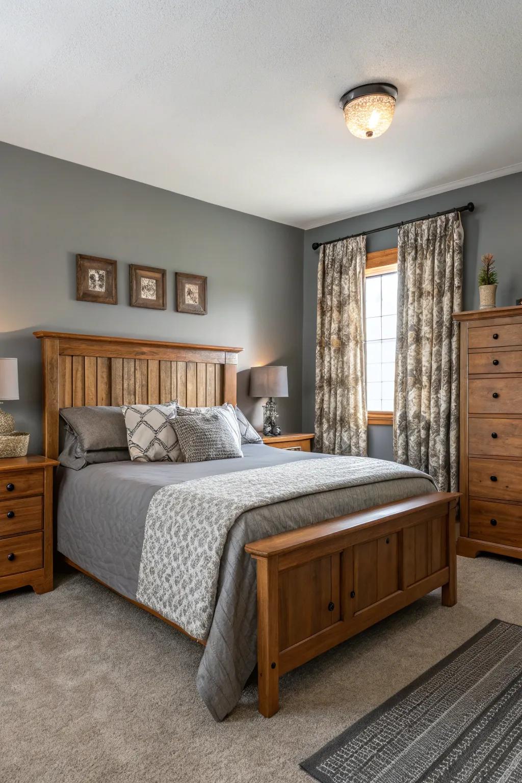 Warm lumber tones superbly supplement the coolness of gray.